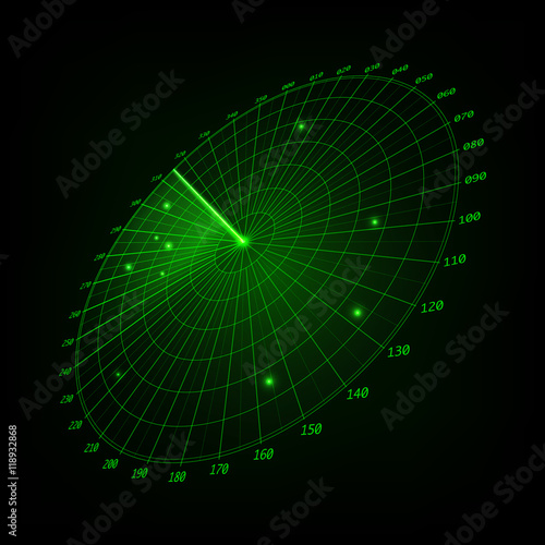 Vector illustration. Green radar screen with aims and 3d perspective. Designed for your project.