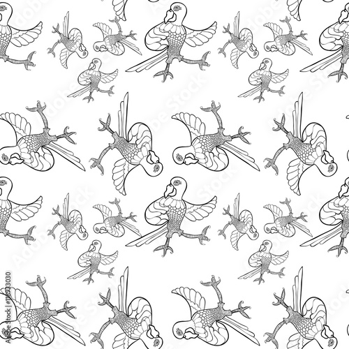 Coloring seamless pattern with dancing Caribbean parrot. 