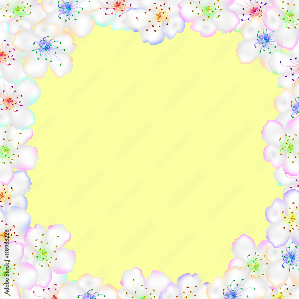 Frame from flowers of apple. Delicate apple or cherry flowers on the sandy background.
