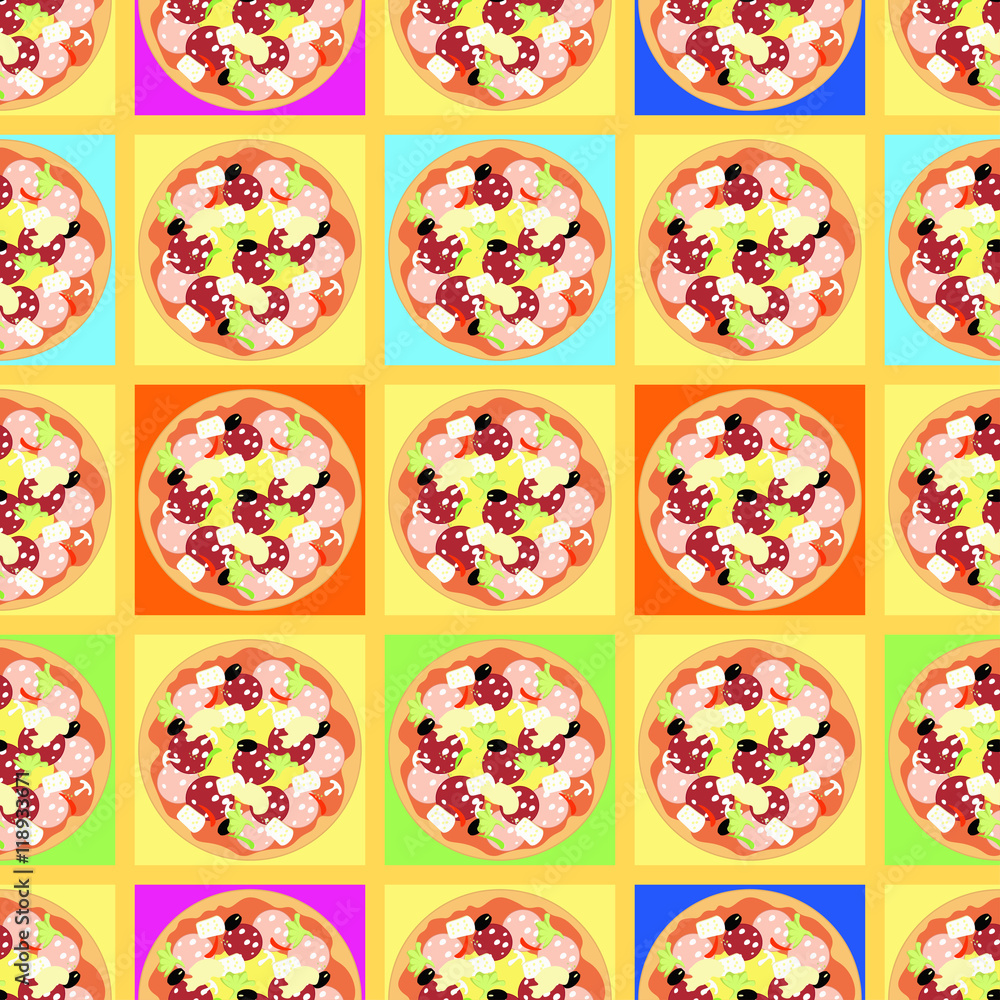seamless pattern with colored pizzas on tables. seamless pattern with colored pizzas on tables.