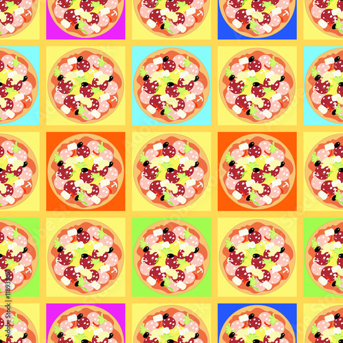 seamless pattern with colored pizzas on tables. 