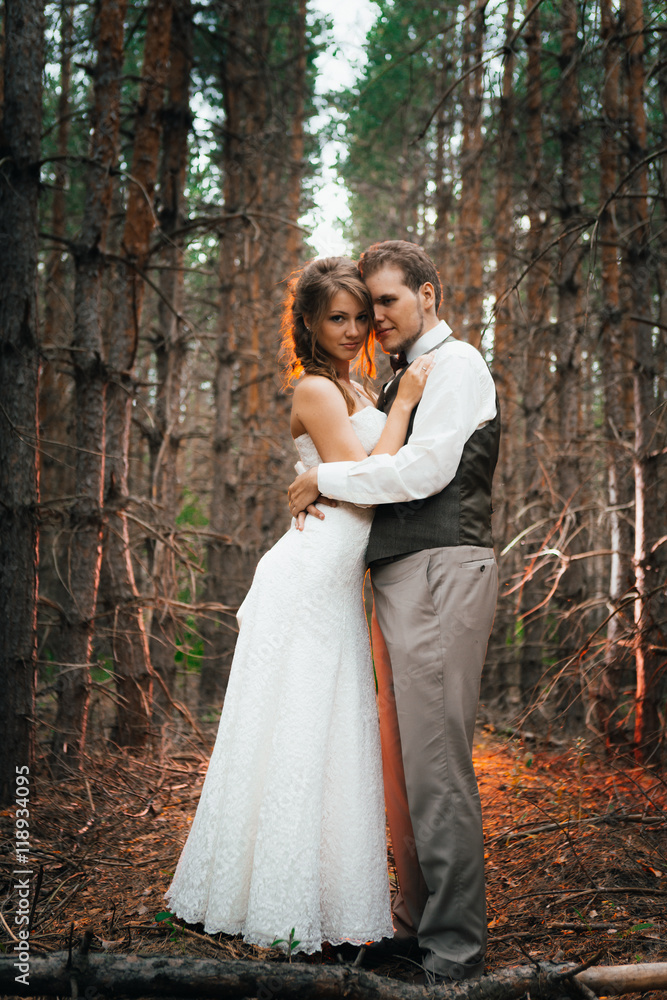 dramatic picture bride and groom on the background of leaves forest backlight