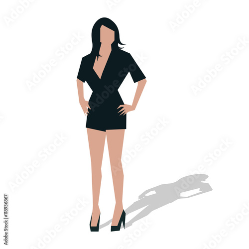 Sexy woman in black short dress stands with hands on hips. Flat
