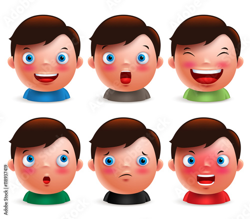 Young boy kid avatar facial expressions set of cute emoticon heads vector characters isolated in white background. Vector illustration.
