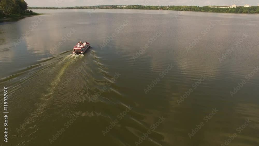 Aerial view of the cutter moving on the river. 4K Aerial view of the cutter moving on the river. 4K
