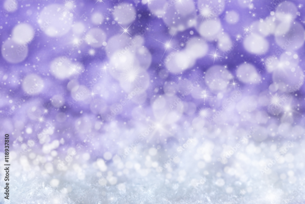 Purple Christmas Background With Snow, Snwoflakes, Stars And Bokeh