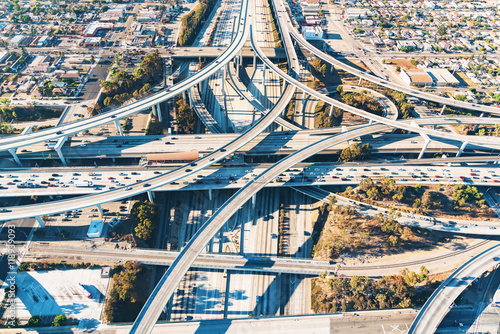 Aerial view of a freeway intersection in Los Angeles
