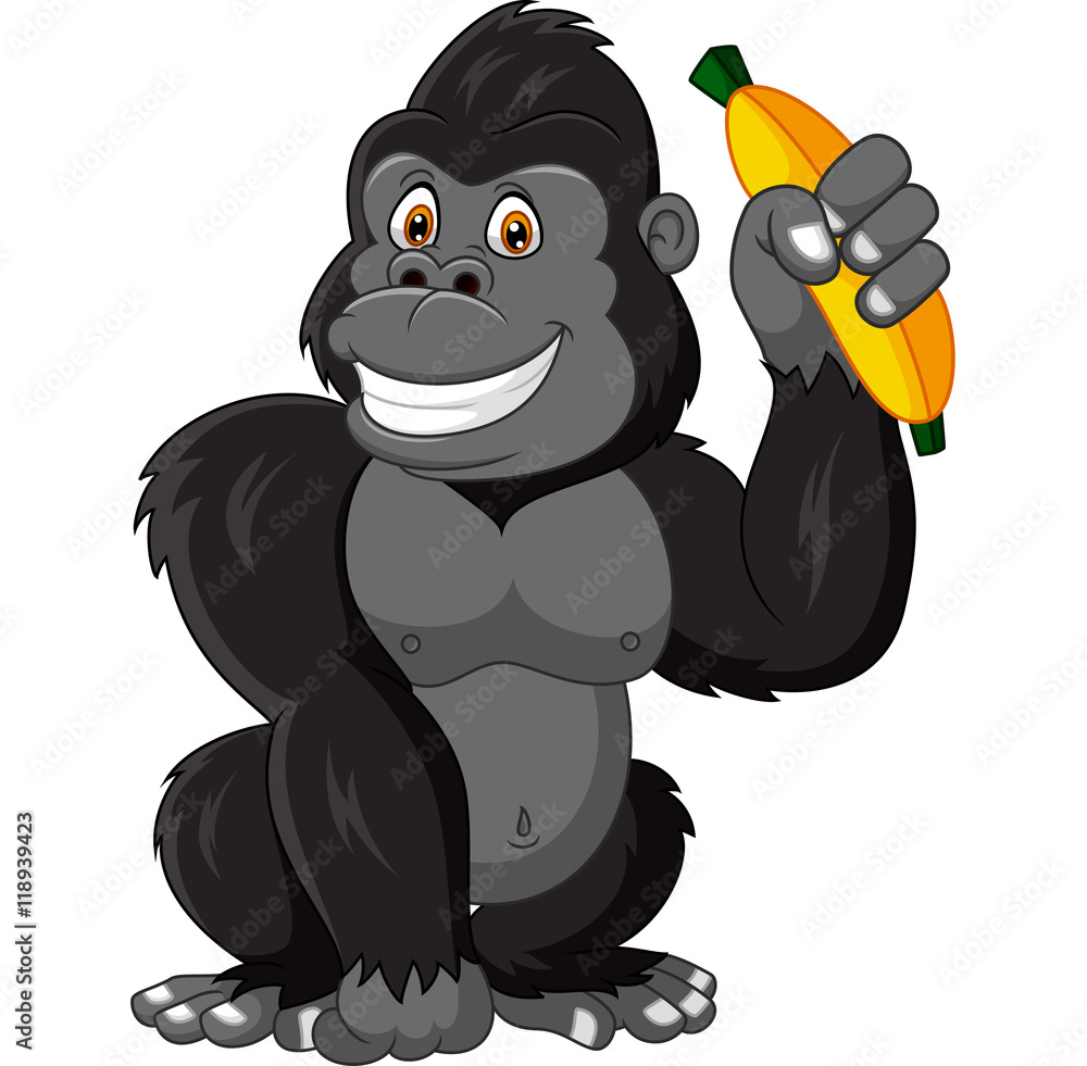 Fototapeta premium Cartoon funny gorilla holding banana