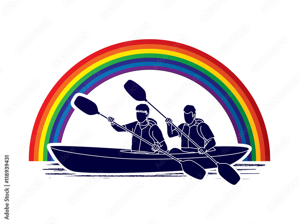 People kayaking designed on line rainbows background graphic vector.