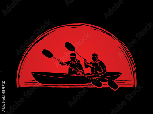 People kayaking designed on sunset background graphic vector.