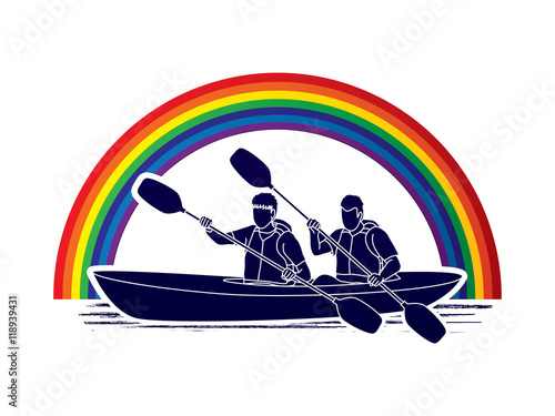 People kayaking designed on line rainbows background graphic vector.