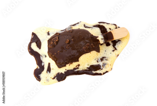 chocolate outer ice cream melting almost completely on a white background