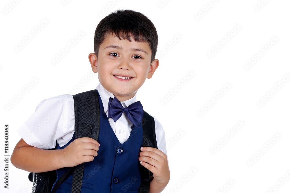 Happy smiling schoolboy with school bag isolated on white Happy smiling schoolboy with school bag isolated on white