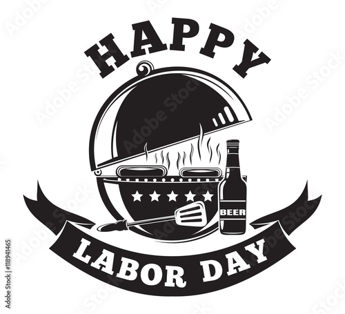 Labor Day logo design with grill barbecue (BBQ), cookout, grilled meat, hot dog, beer bottle and lettering - Happy Labor Day. Vector illustration isolated on white background