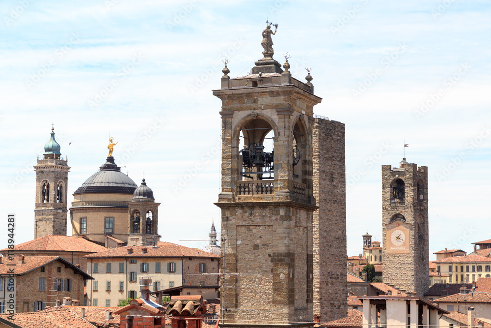 Bell towers in upper city Citta Alta in Bergamo, Italy