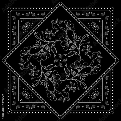 Black and white  bandana print with floral pattern. Square pattern design for pillow, carpet, rug. Design for silk neck scarf, kerchief, hanky