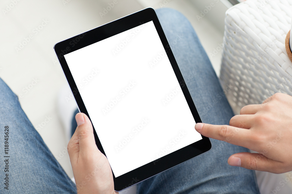 man hands holding tablet computer with isolated screen man hands holding tablet computer with isolated screen