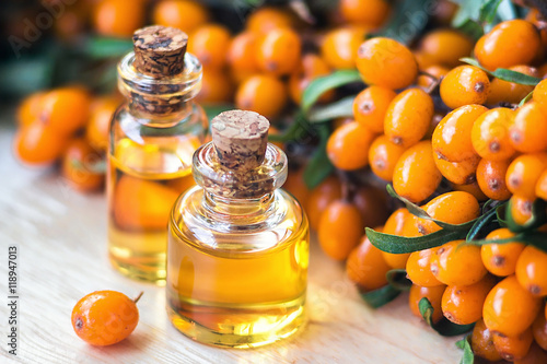 Essential oil of sea buckthorn (Hippophae) in glass bottle with fresh, juicy ripe yellow berries on the branch with green leaves-beauty treatment. Spa concept. Selective focus.