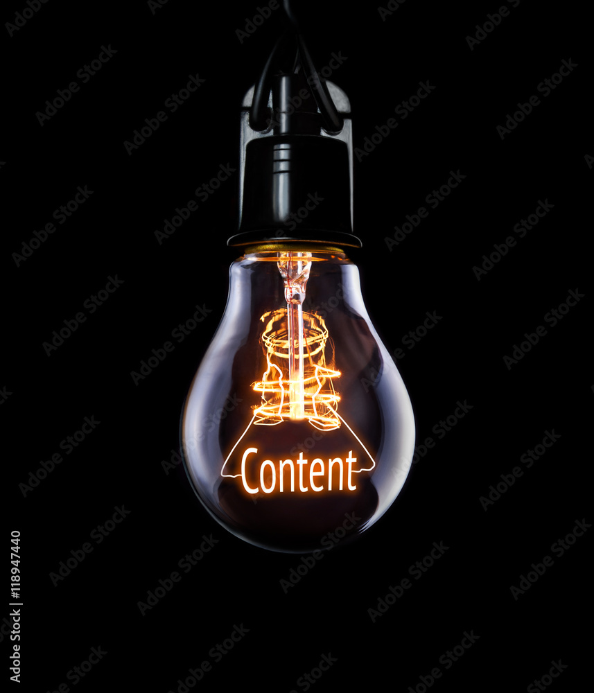 Hanging lightbulb with glowing Content concept.