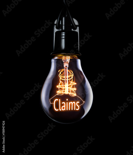 Hanging lightbulb with glowing Claims concept.