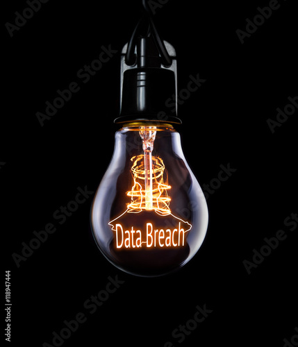 Hanging lightbulb with glowing Data Breach concept.