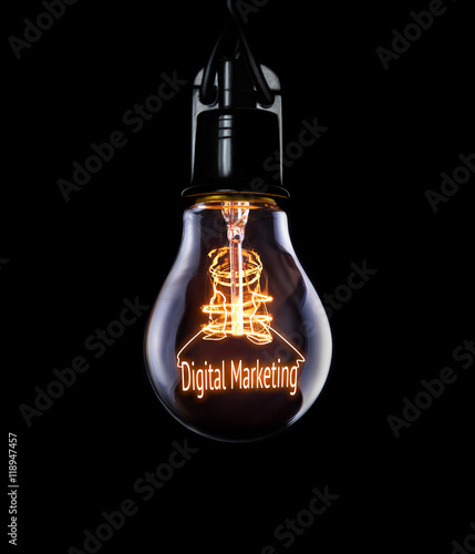 Obraz na płótnie Hanging lightbulb with glowing Digital Marketing concept. w salonie