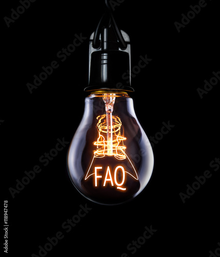 Hanging lightbulb with glowing FAQ concept.