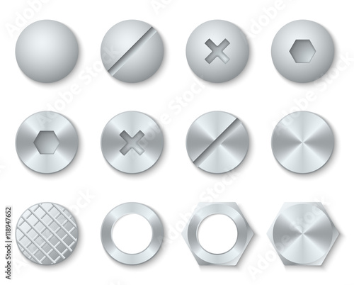 Steel screws, nuts, bolts, rivets heads vector set