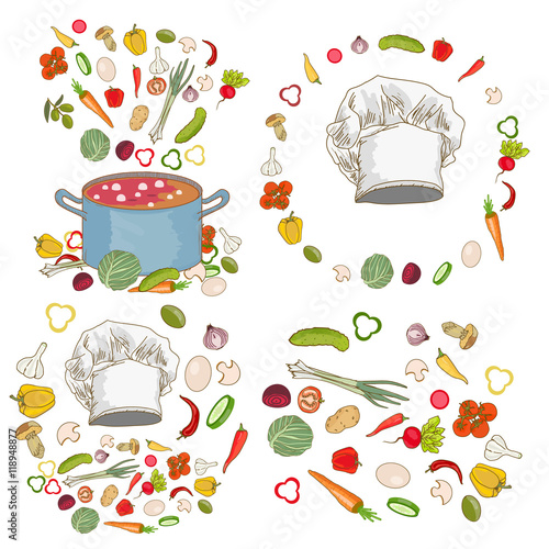 Food ingredients collection fresh vegetables cooking utensils