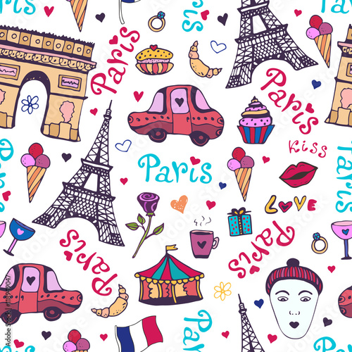 Paris seamless pattern with eiffel tower, triumphal arch and cute doodles. Vector background for wrapping and decorations