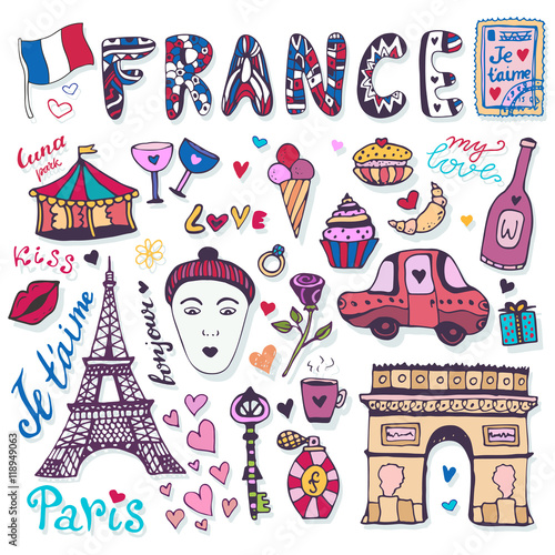 Doodles set of France - Eiffel tower, Triumphal arch and other culture elements. Vector collection