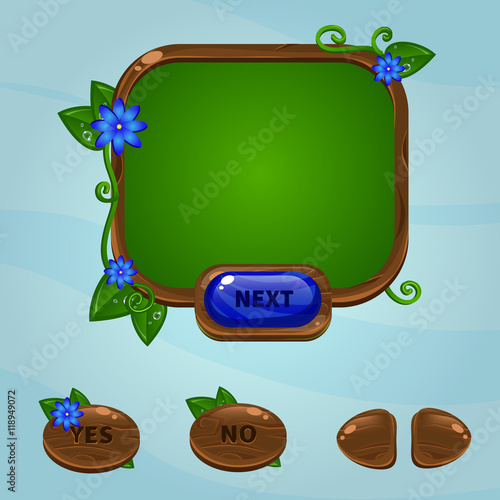 Cartoon user interface. Wood button and red flowers. Gui design.