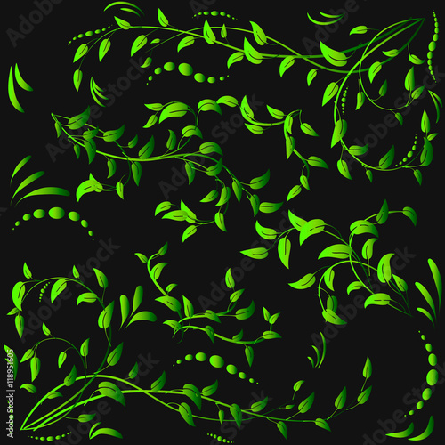 Green leaves with abstract swirls, leaves on a black background. Can be used as a background, decor, decoupage, textile, invitation. © krasolya