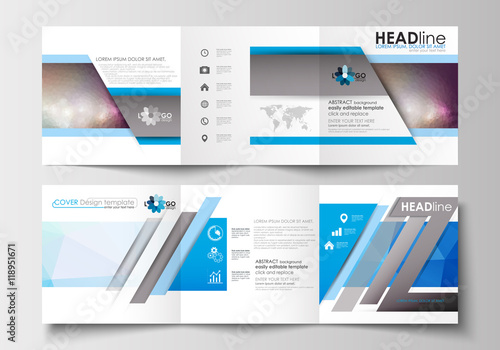 Set of business templates for tri-fold brochures. Square design. Leaflet cover, flat layout, easy editable blank. Abstract triangles, blue triangular background, modern colorful polygonal vector.