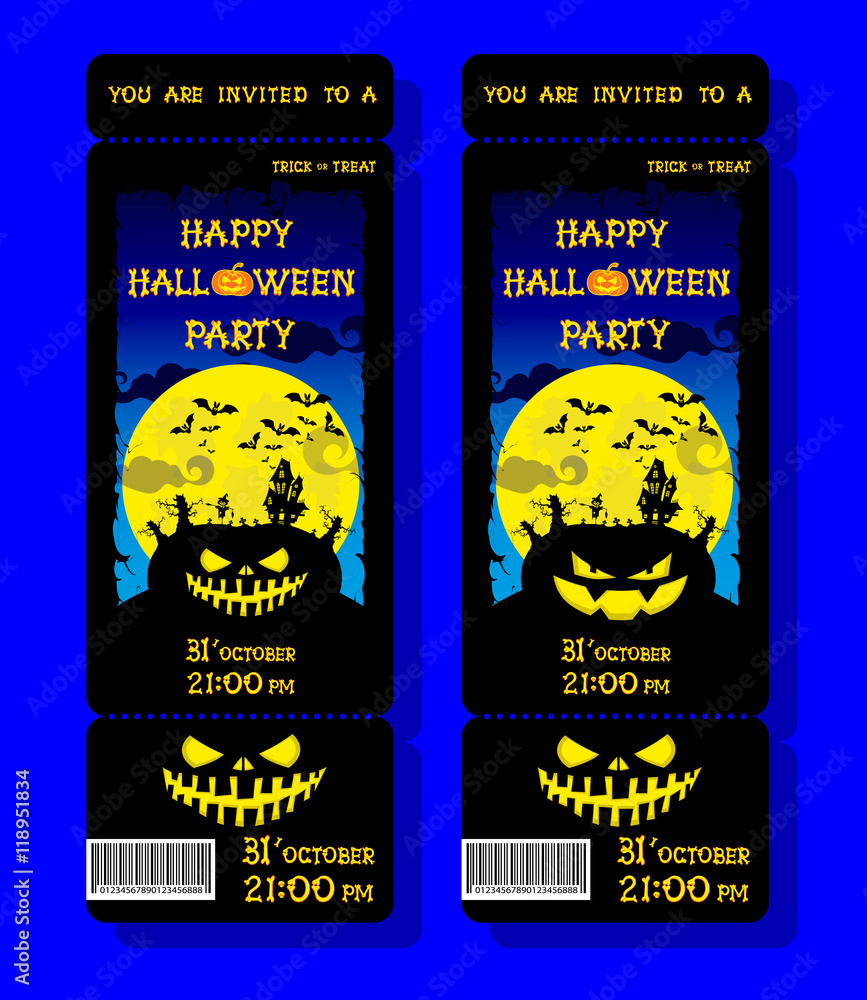 Naklejka premium Set of Halloween ticket on holiday party with pumpkin, scary trees, moon and monster bats on dark blue gradient background. Letters from bones. Cartoon style. Vector illustration