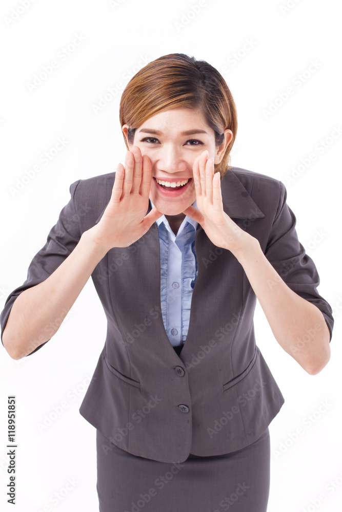 businesswoman shouting, speaking, looking up, studio isolated of businesswoman shouting, speaking, looking up, studio isolated of