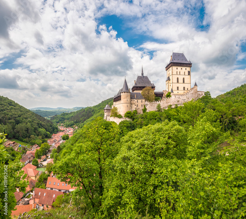 Karlstein  Czech Republic - May 26  2016  Panoramic view of Karlstein Castle - large Gothic castle founded in 1348 by King Charles IV  Holy Roman Emperor and King of Bohemia. 