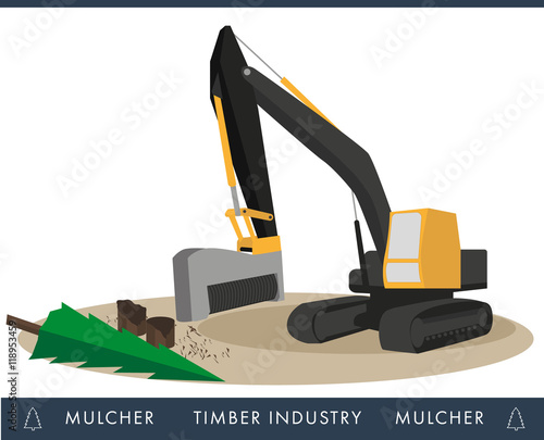 Crusher for crushing trees and bushes. Mulcher. Isolated illustration of equipment for timber industry