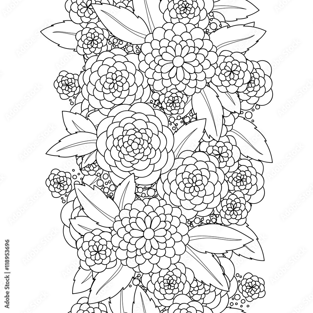 Vector flowers and leaves seamless border. Doodle wavy decorative design element. Vector flowers and leaves seamless border. Doodle wavy decorative design element.