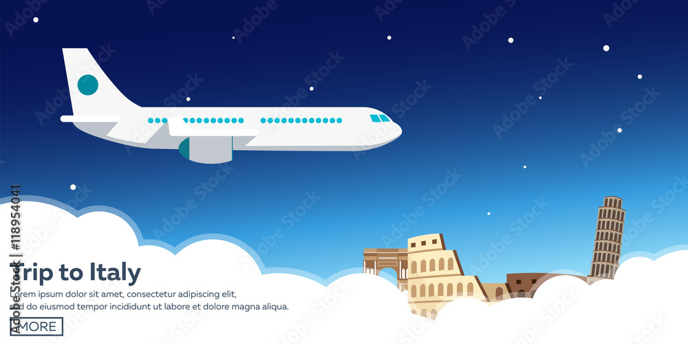 Trip to Italy. Travelling illustration. Modern flat design. Travel by airplane, vacation, adventure, trip. Time to travel