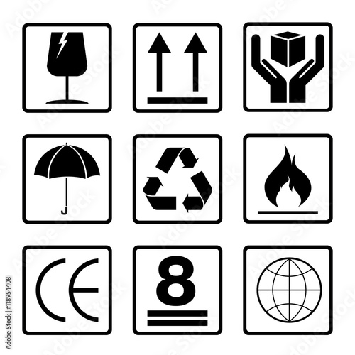 Fragile symbol set isolated on white background. Black fragile symbol.