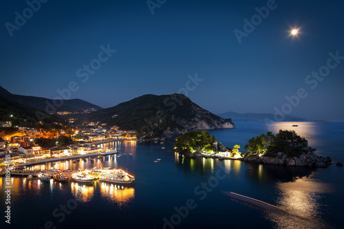 Beautiful Greek village Parga by night, photo taken in Greece, Epirus region