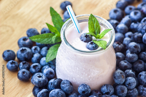 Canvastavla Beautiful appetizer blueberry fruit smoothie milk shake glass jar with juicy fre