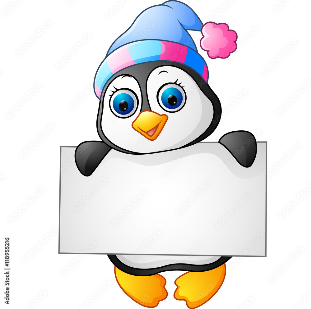 Obraz premium Cute little penguin holding blank sign