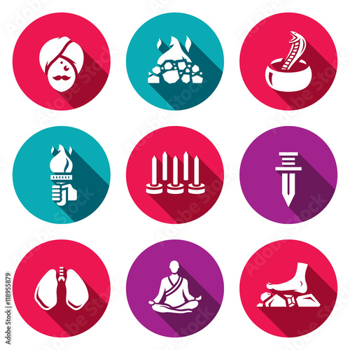 Vector Set of Indian Yoga Icons. Yogi, Burning coal, Fakir, Fire, Walking on nails, Swallowing a knife, Breathing technique, Meditation.