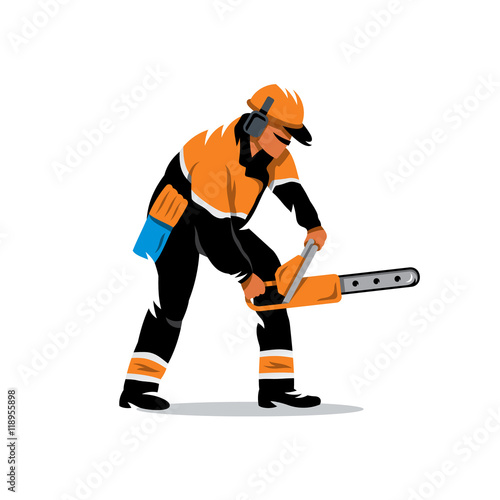 Vector Woodcutter with chainsaw Cartoon Illustration.