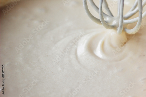 Mixing Batter or dough for banana cake or muffin or pancake. Close up, soft focus. 