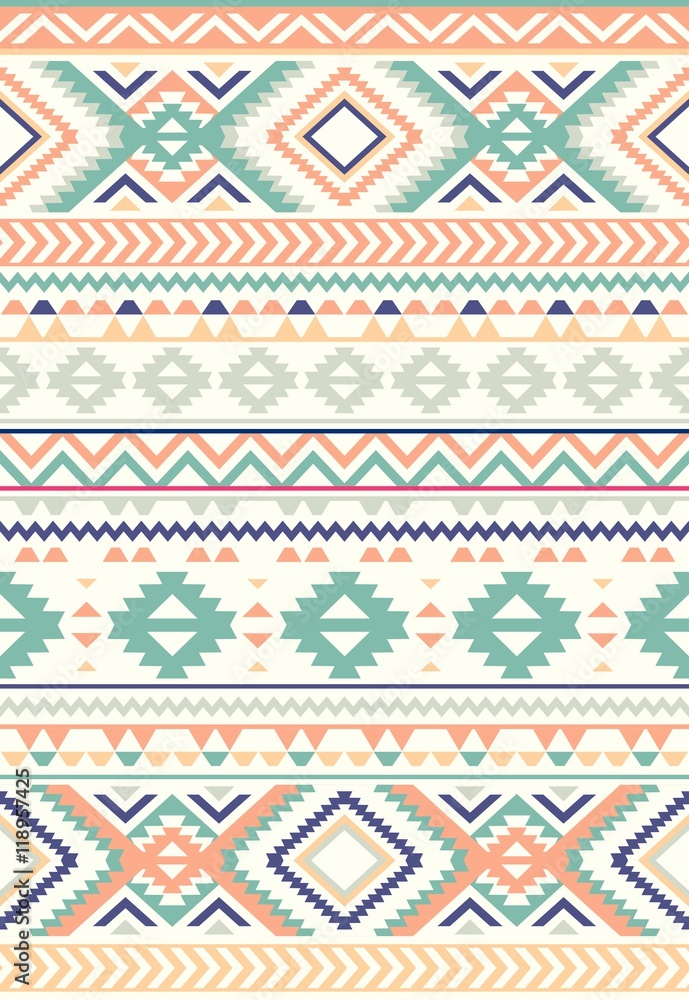 Seamless Ethnic pattern textures. Coral & Teal colors. Navajo geometric print. Rustic decorative ornament. Abstract geometric pattern. Native American pattern. Ornament for the design of clothing