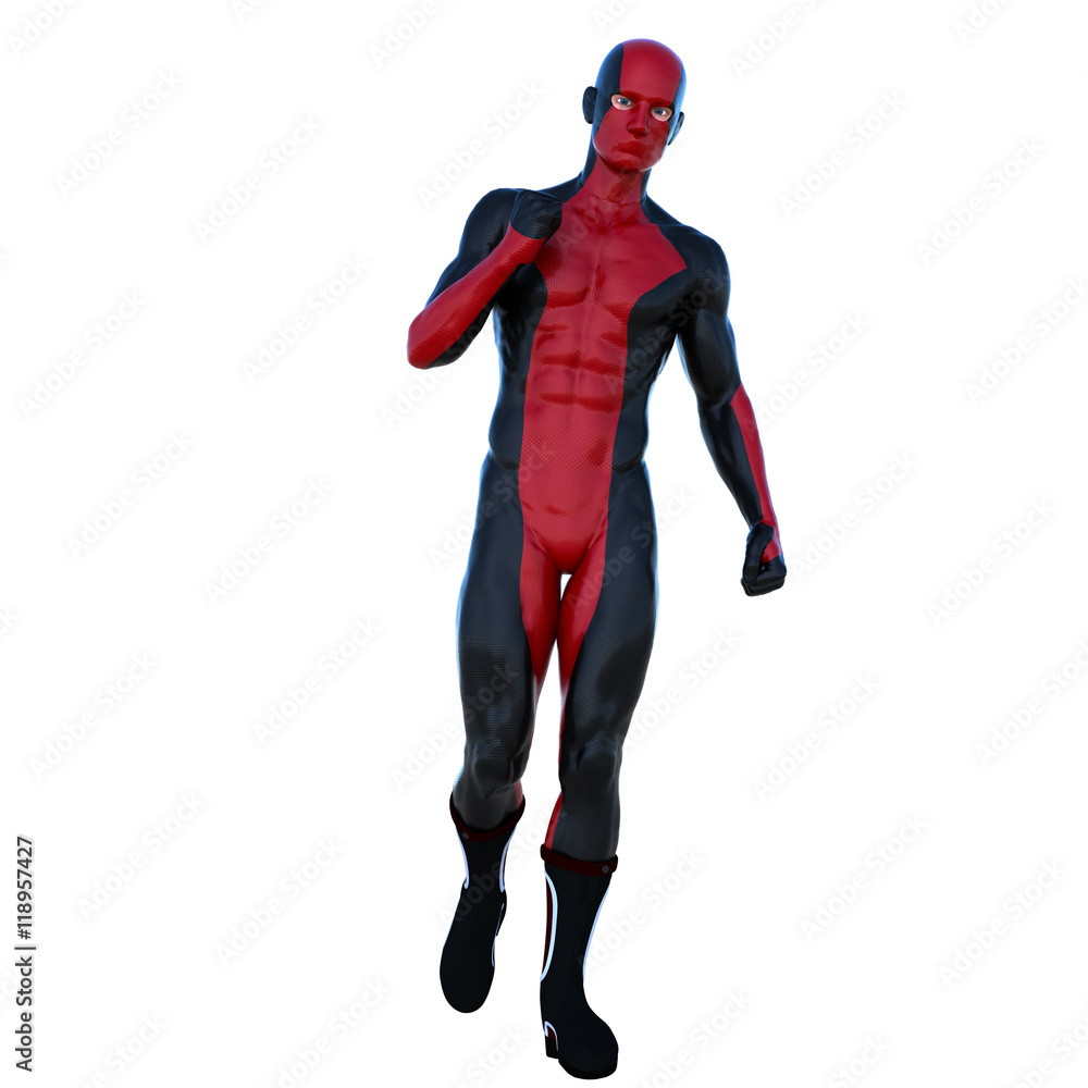 one young superhero man with muscles in red black super suit. He goes forward to the camera model gait one young superhero man with muscles in red black super suit. He goes forward to the camera model gait
