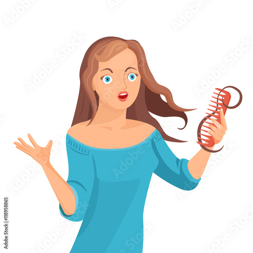 Alopecia concept. Young woman is shoked with her hairloss.